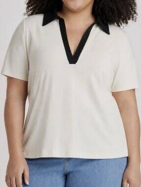 🆕️👚Ava & Viv Split-Neck Polo Short Sleeve Shirt, Crm/Blk, Sz 2X